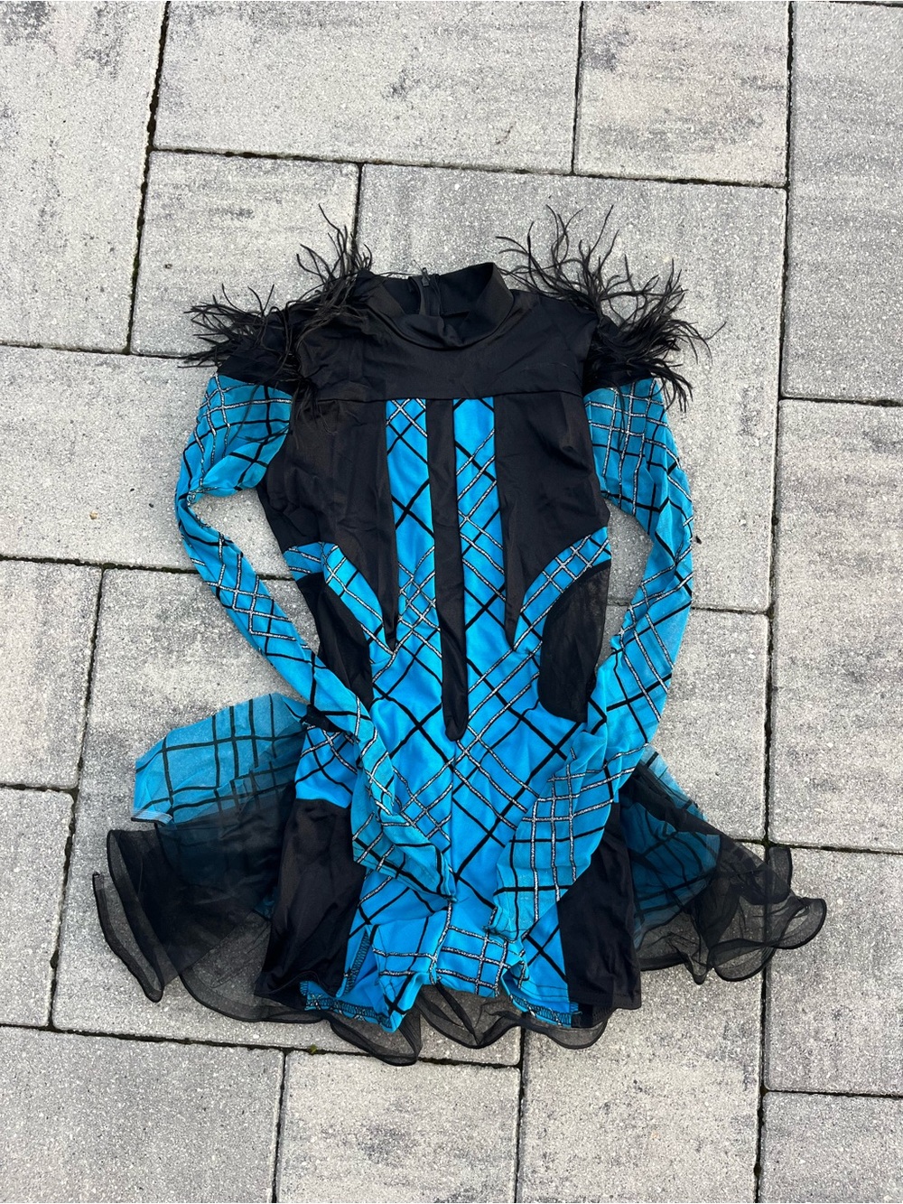 KELLÉ Blue and Black Biketard Dance Costume with Feather Accents